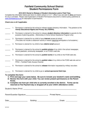 Fillable Online Fairfield Community School District Student Permissions