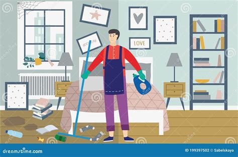 Person Cleaner Is Cleaning Mess And Dirt In Bedroom A Vector Flat