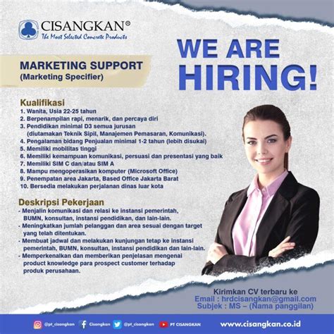 Lowongan Kerja Marketing Support Marketing Specifier Di Pt Cisangkan