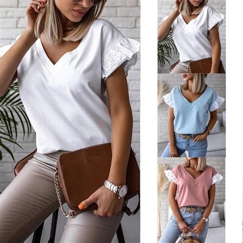 Fashion Womens Loose Summer Solid Colours Short Sleeved V Neck Tops