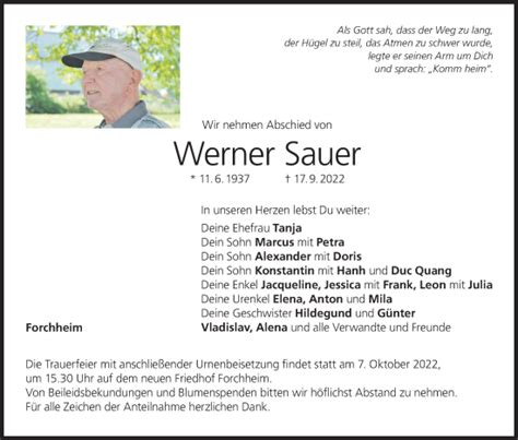 Werner Sauer Traueranzeige Trauer Infranken De