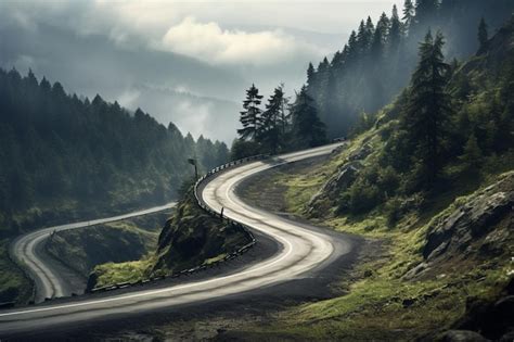 Premium Photo A Winding Mountain Road Disappearing Into The Mist 00585 02