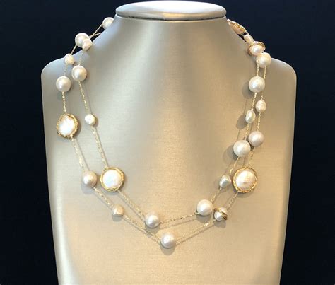 12mm White Round Fresh Water Baroque And Coin Pearl Necklace With Sterling Silver Vermeil Wire