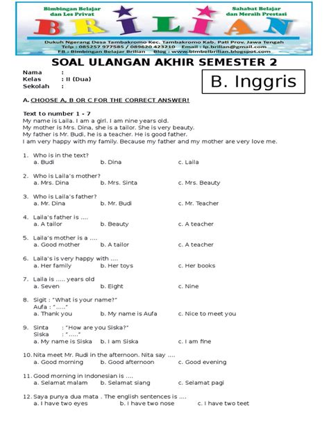 Soal Uas Bahasa Inggris Kelas 2 Sd Semester 2 Dan Kunci Jawaban Pdf