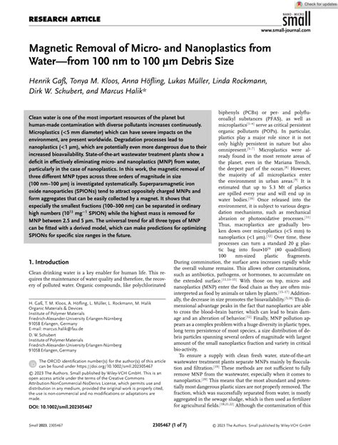 Pdf Magnetic Removal Of Micro And Nanoplastics From Water From 100 Nm To 100 μm Debris Size