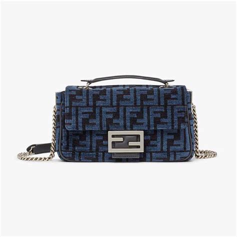 Fendi Women Baguette Chain Midi Dark Blue FF Tapestry Fabric Bag