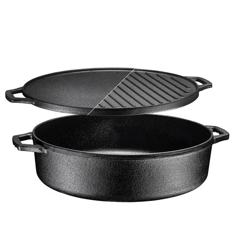 3 In 1 Pre Seasoned Cast Iron Round Deep Roasting Pan With Reversible Grill Griddle Lid 6 8