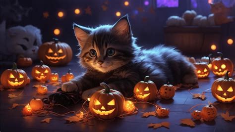 Premium AI Image | Mischievous Cat Messing with Halloween Decorations ...