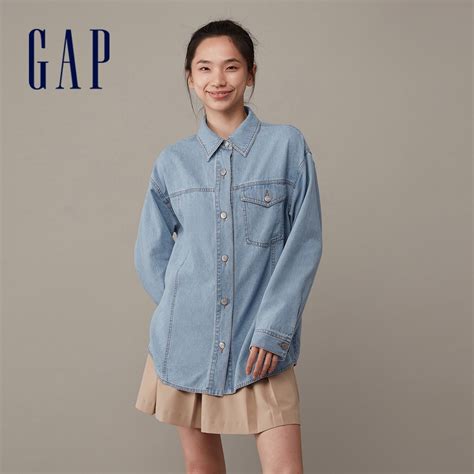 Gap 女裝 純棉翻領長袖牛仔襯衫 淺藍色 841092 蝦皮購物