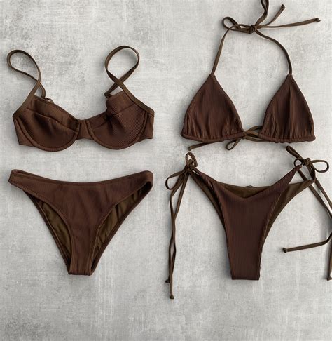 Brown Ribbed Bikini Sets Swimwear Summer Beach Brown Aesthetics Cute