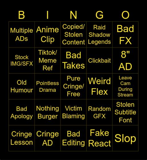 Cringe Youtuber Bingo Card