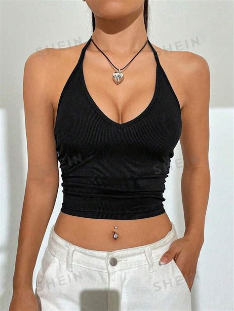 SHEIN EZwear Summer Black Solid Ruched Side Crop Halter Y2k Tops SHEIN UK