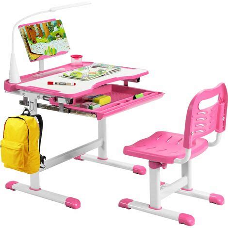 COSTWAY Bureau Enfants avec Chaise Réglable en Hauteur Éclairage LED