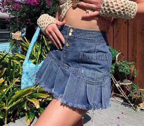 Y K Streetwear High Waist Denim Pleated Skirts S Etsy