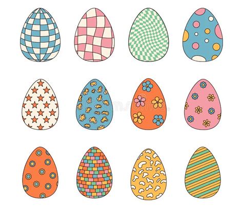 Groovy Hippie Happy Easter Set Of Easter Eggs With Patterns In Trendy Retro 60s 70s Style