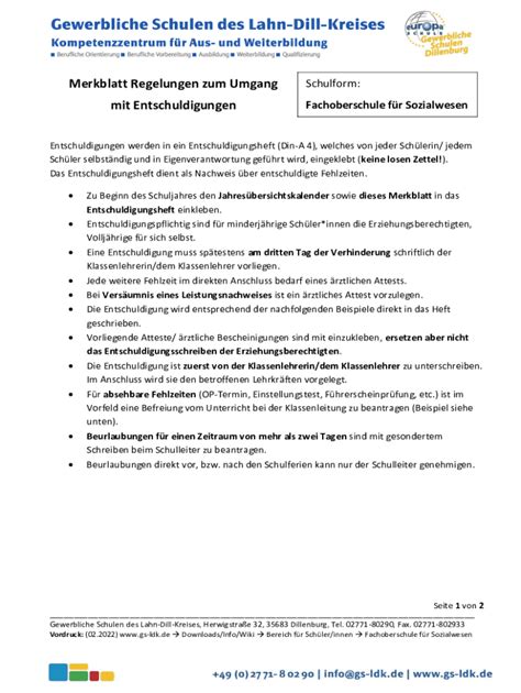 Ausf Llbar Online Merkblatt Regelungen Zum Umgang Mit Entschuldigungen