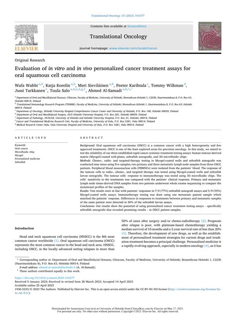 Pdf Evaluation Of In Vitro And In Vivo Personalized Cancer Treatment