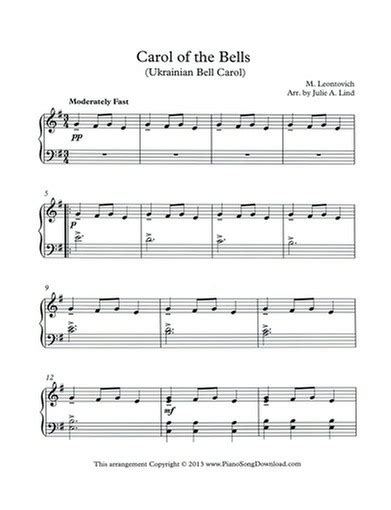 Carol Of The Bells Ukrainian Bell Carol Free Christmas Piano Sheet