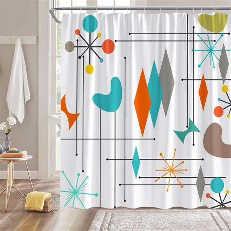 Mid Century Modern Shower Curtain Retro Boho Geometric Atomic Starburst