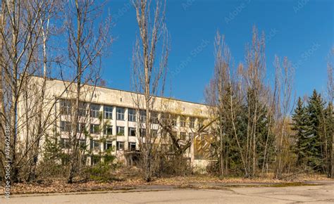 Street of the abandoned ghost town Pripyat. Chernobyl nuclear disaster ...