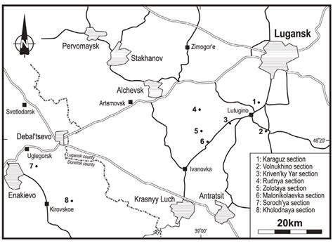 Map showing upper Bashkirian and lower Moscovian sections studied in ...