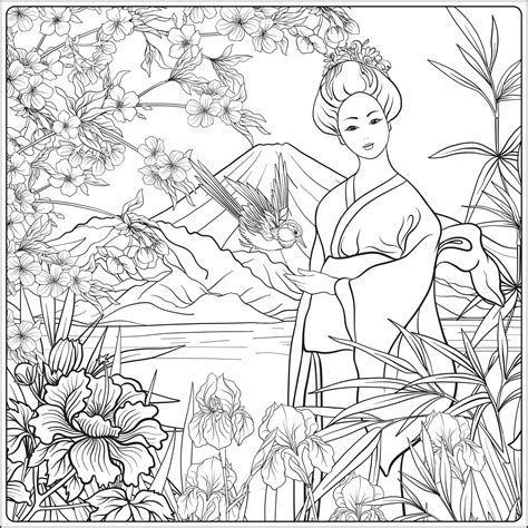 Japanese Landscape With Mount Fuji And Japanese Woman Japan Coloring