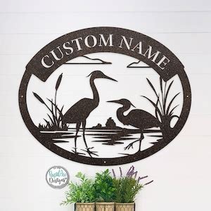 Heron Monogram Custom Metal Sign Heron Cattails Last Name Sign Address