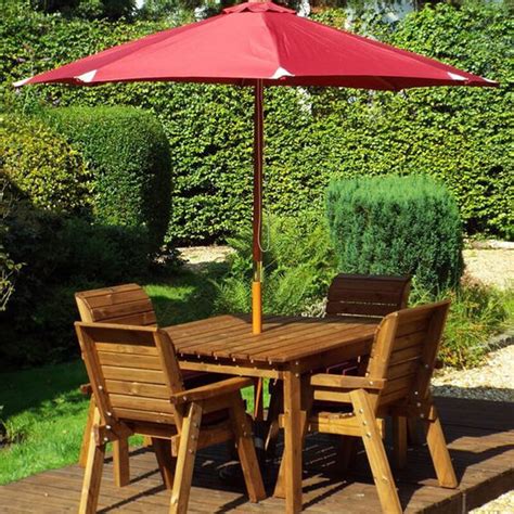 Golden Four Seater Deluxe Wooden Garden Dining Set With Burgundy Cushions