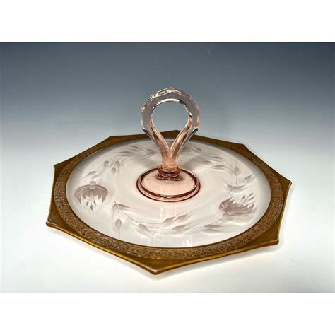 Tiffin Franciscan Pink Gold Octagon Depression Glass Tidbit Tray Handle Etched Etsy