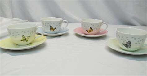 Lenox Butterfly Meadow Tea Cups And Saucers Set Of 4 Pink Blue Yellow