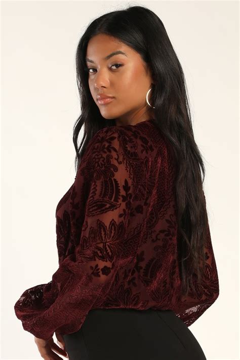 Burgundy Velvet Bodysuit Chic Bodysuit Long Sleeve Bodysuit Lulus