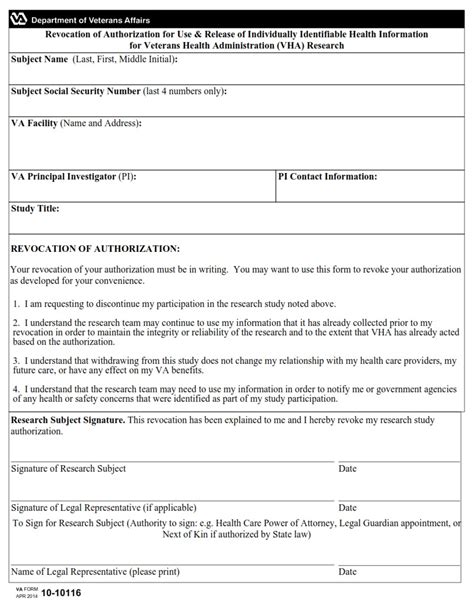 Va Form 10 10116 Revocation Of Authorization For Use And Release Of