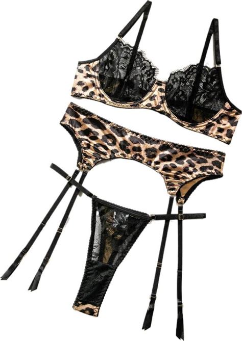 Gsaeimct Women Sexy Leopard Satin Lace Erotic Lingerie Set Coquettish