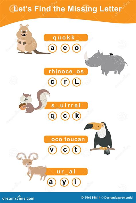 Word Game Sheet. Complete the Words. Animals Theme Names Worksheet Stock Vector - Illustration ...