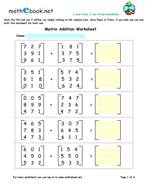 Matrix Addition Worksheet For 9th 10th Grade Lesson Planet