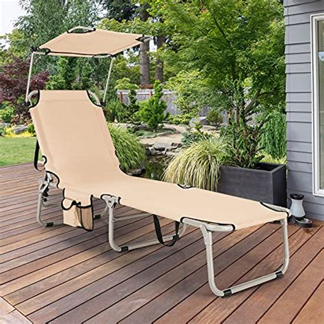 Gymax Beach Chair With Canopy Shade Folding Tanning Lounge With