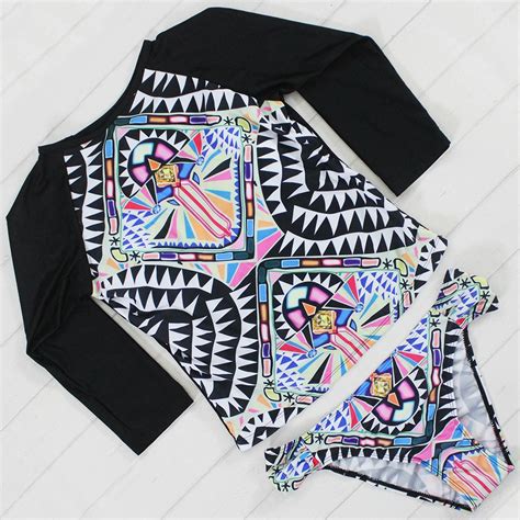 Print Long Sleeve Two Pieces Swimsuit Swimwear Women 2016 Crop Top