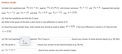 Solved Problem 10001 Consider The Hypothesis Test Ho μι μ2