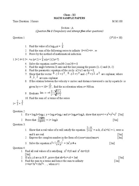 Isc Class 11 Maths Sample Paper Model 1 Pdf Circle Equations