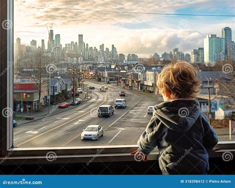 young boy     window stock photo image  interested