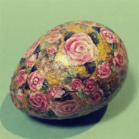 Pink Roses Golden Glitter Decoupaged Paper Mache Egg On Wooden Etsy