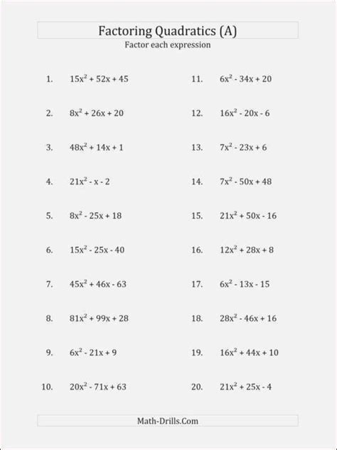 Factoring Quadratic Trinomials Worksheet A 1 - Quadraticworksheet.com