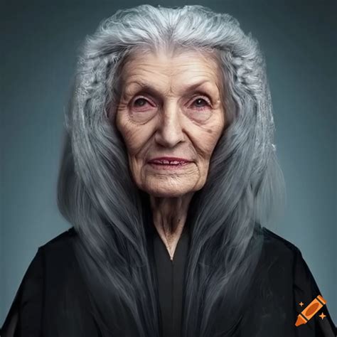 Portrait Of A Year Old Woman With Long Gray Hair In A Black Robe On