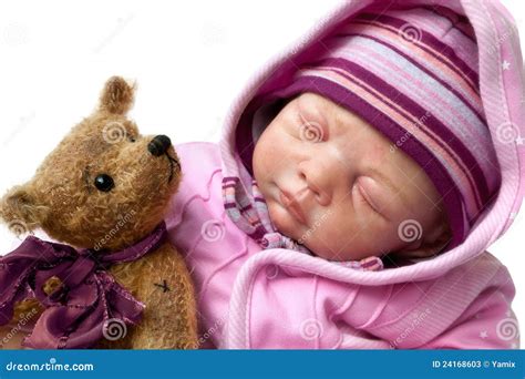 La Petite Fille Dort Avec L Ours De Nounours Image Stock Image Du