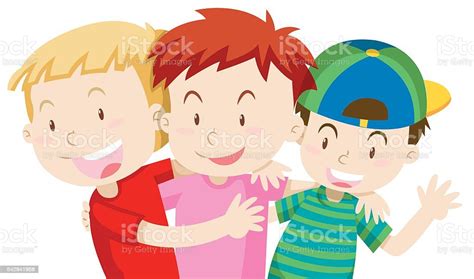 tiga anak lakilaki memeluk  tersenyum ilustrasi stok  gambar