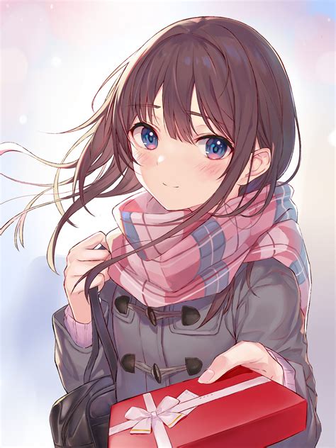 Safebooru 1girl Absurdres Backlighting Bag Blue Eyes Blue Scarf Blush Box Box Of Chocolates