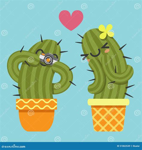 Loving Couple Of Cactus Taking A Pictures Stock Vector Illustration Of Couple Cactus 51863549