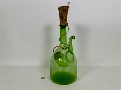 Vintage Italian Green Glass Wine Decanter Carafe With Ice Chamber