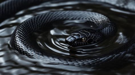 Black Snake in Dark Water A black snake swims in dark water its scales ...