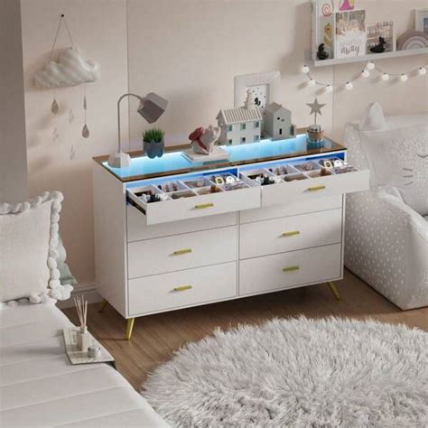 Pakasept White Dresser For Bedroom 8 Drawer Dresser Wide Chest Of Drawers With Led Lights